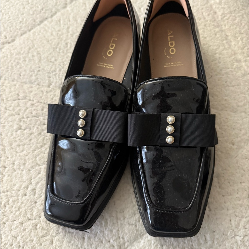 ALDO Black Patent Loafers with Pearl Bow
